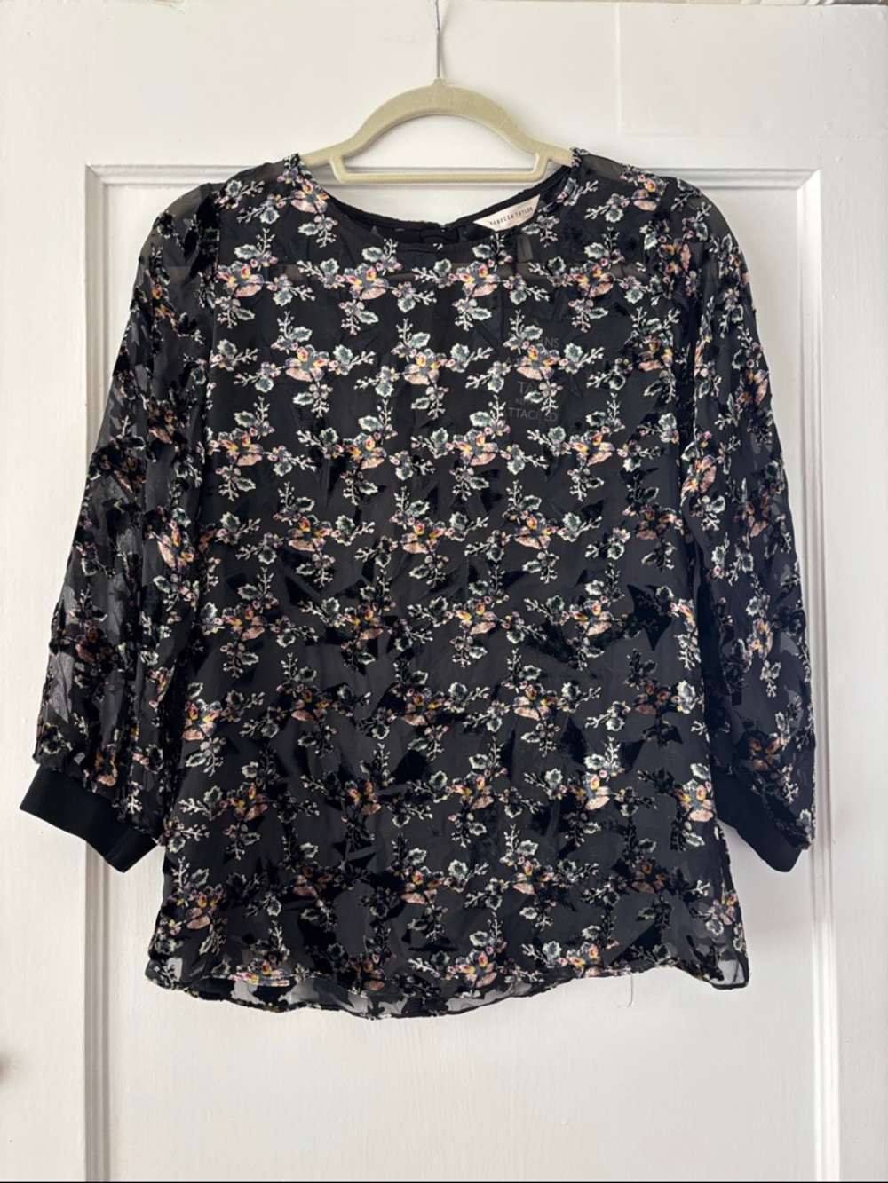 Rebecca Taylor Velvet Floral Sheer Black Blouse - Women's Floral Top